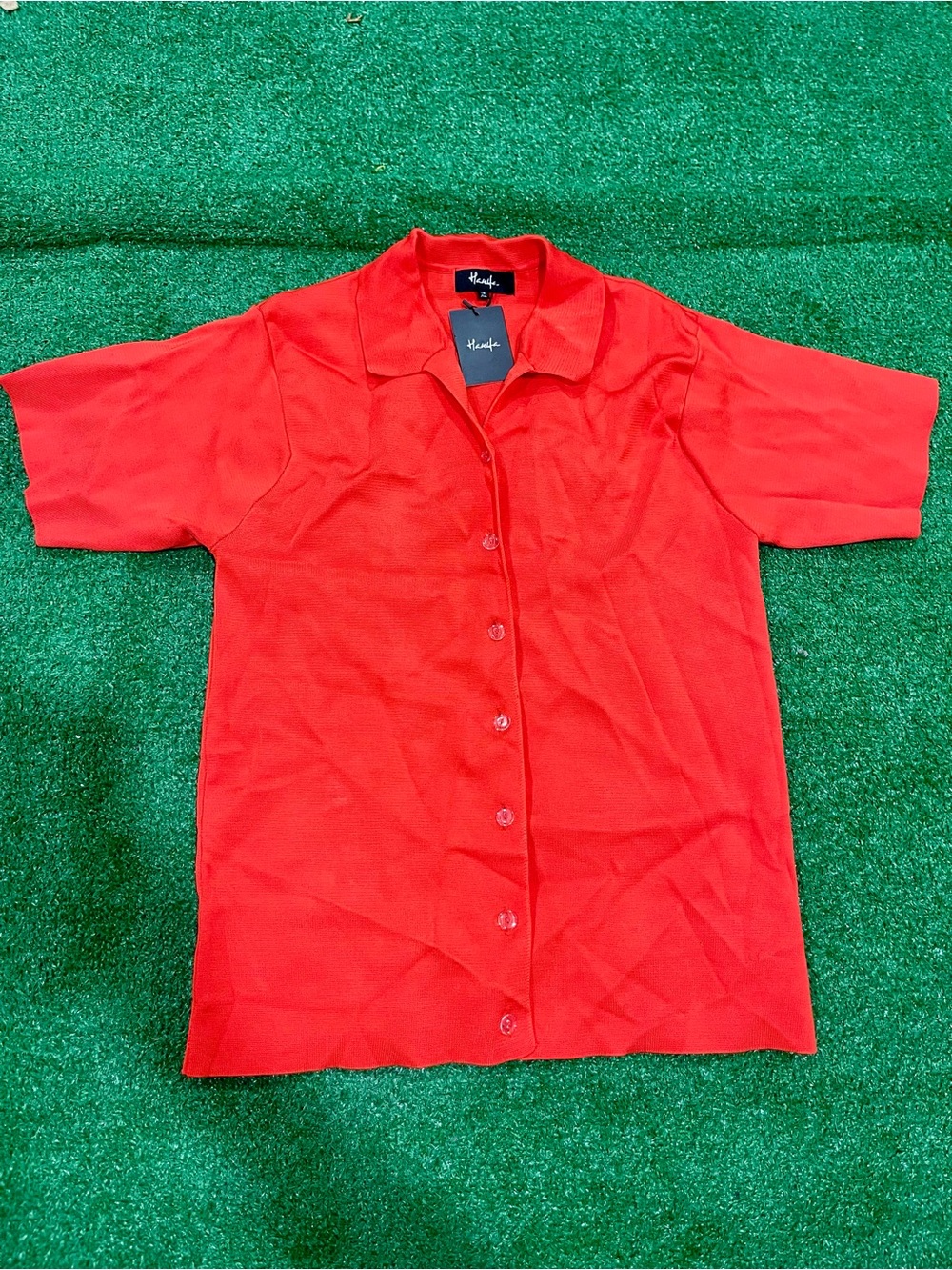 Hanifa Robyn Top Flame Red Orange Knit Button Front Short Sleeve XL